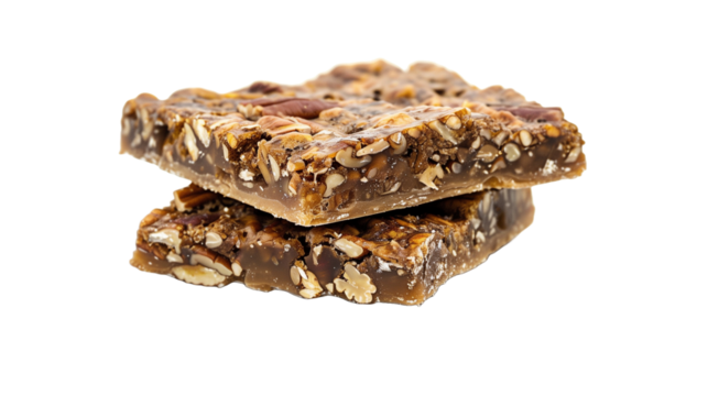 Pecan pie bars, stacked on top of each other, food photography, delicious, mouthwatering. Mockup for national pecan month, delicious sweet food, transparent background. Design element for poster, bann