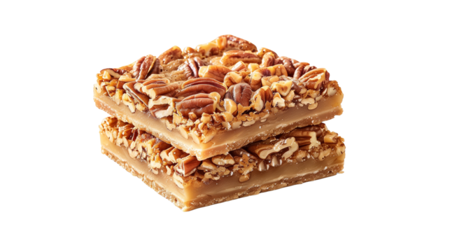 Pecan pie bars, stacked on top of each other, food photography, delicious, mouthwatering. Mockup for national pecan month, delicious sweet food, transparent background. Design element for poster, bann