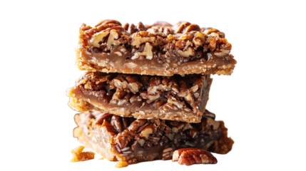 Pecan pie bars, stacked on top of each other, food photography, delicious, mouthwatering. Mockup for national pecan month, delicious sweet food, transparent background. Design element for poster, bann