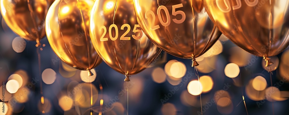 Poster golden balloons floating with the year 2025 against a blurred background with bokeh