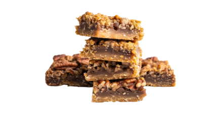 Pecan pie bars, stacked on top of each other, food photography, delicious, mouthwatering. Mockup for national pecan month, delicious sweet food, transparent background. Design element for poster, bann