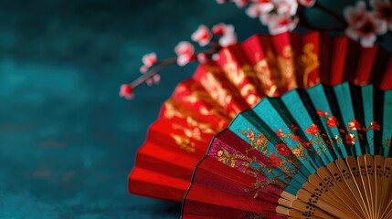 Red and teal hand fans with cherry blossoms, celebrating Lunar New Year