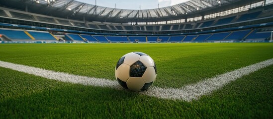 Obraz premium A Soccer Ball on a Green Field with White Lines and Blurred Stadium Seats in the Background