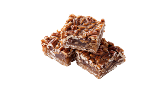Pecan pie bars, stacked on top of each other, food photography, delicious, mouthwatering. Mockup for national pecan month, delicious sweet food, transparent background. Design element for poster, bann