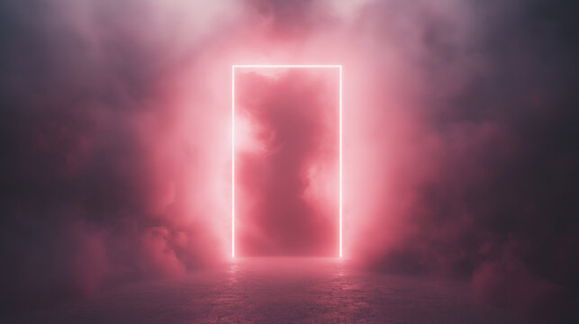 A striking abstract composition featuring a neon-illuminated square frame set against a swirling pink smoke background. The glowing frame resembles a futuristic door, portal, or mirror, evoking a sens