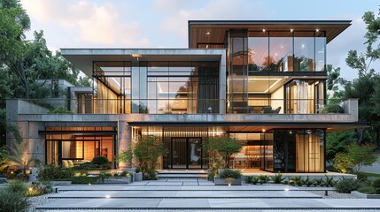 Fototapeta premium Luxury modern house exterior, glass-fronted contemporary home, architectural design with large windows, upscale residential property, landscaped garden, evening lighting, modern mansion style