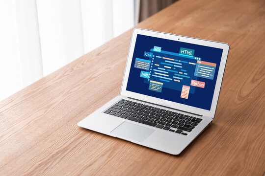 Software development or programming work with coding screen of various programming languages like HTML, Python, Java, and C brisk for new application development