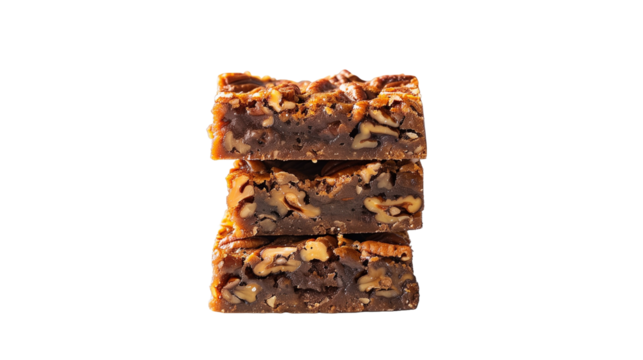 Pecan pie bars, stacked on top of each other, food photography, delicious, mouthwatering. Mockup for national pecan month, delicious sweet food, transparent background. Design element for poster, bann