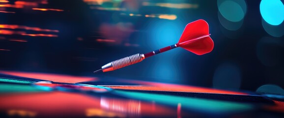 Red dart hitting target, night background, success concept, business strategy
