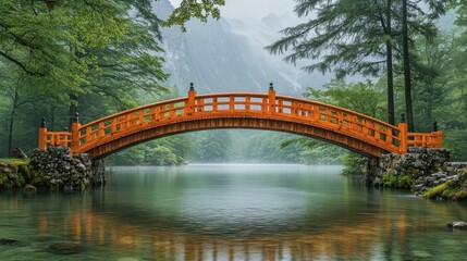 Obraz premium Wooden bridge, misty mountain lake, serenity