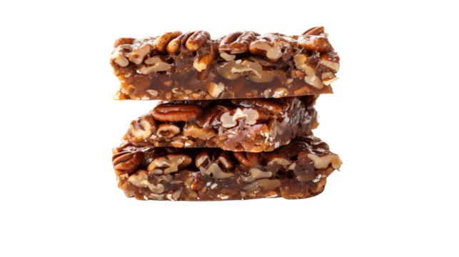 Pecan pie bars, stacked on top of each other, food photography, delicious, mouthwatering. Mockup for national pecan month, delicious sweet food, transparent background. Design element for poster, bann