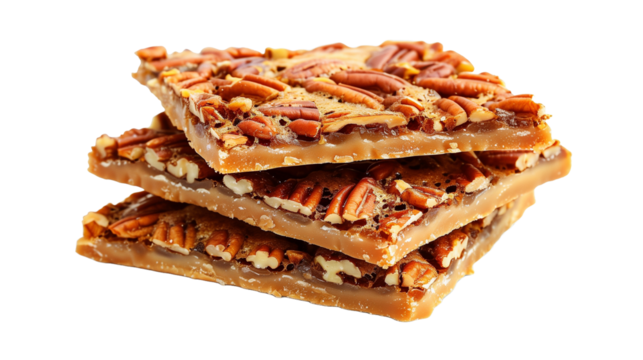 Pecan pie bars, stacked on top of each other, food photography, delicious, mouthwatering. Mockup for national pecan month, delicious sweet food, transparent background. Design element for poster, bann