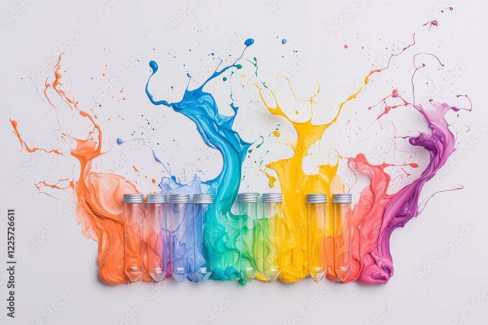 Fototapete an abstract image where paintbrushes morph into laboratory test tubes, symbolizing the blend of art 