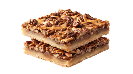 Pecan pie bars, stacked on top of each other, food photography, delicious, mouthwatering. Mockup for national pecan month, delicious sweet food, transparent background. Design element for poster, bann
