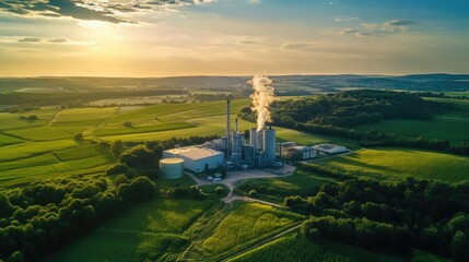 Aerial view of a biomass power plant surrounded by lush green fields under a vibrant blue sky. Focus on sustainable energy and environmental impact.