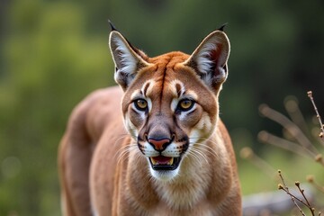 Obraz premium Mountain lion confidently exploring its natural habitat with greenery in the background, wildlife symbolism.