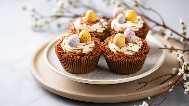 Chocolate Easter nest cupcakes decorated with mini eggs on a plate. Horizontal, side view.