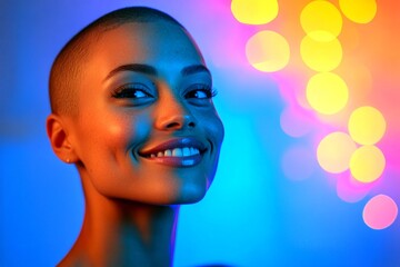 Stunning smiling mixed-race girl - for ads, flyer and social networks use. Commercial marketing idea. Short trim - highlighted hair. Short hair trend look. Black woman photography.
