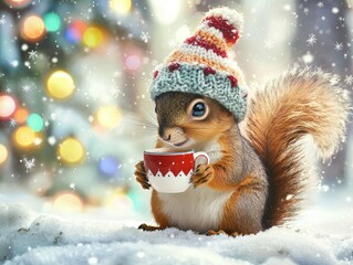 Adorable squirrel in a snowy winter scene wearing a knitted hat, holding a festive mug, with glowing bokeh lights, symbolizing holiday warmth and charm. Perfect for Christmas cards and seasonal themes