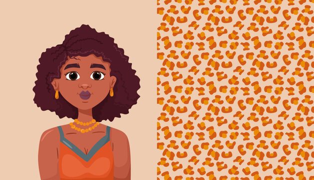 Beautiful black girl with curly hair on a beige background. Abstract modern leopard seamless pattern. Animals trendy background