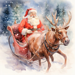 Santa in a sleigh, winter atmosphere , watercolour , watercolour
