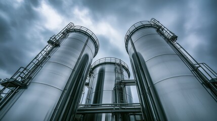 Stainless steel industrial silos with overcast sky background