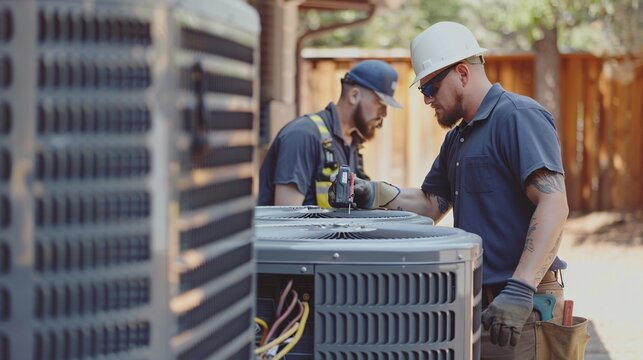 Two hvac technicians are working on a residential air conditioner unit, tightening screws and ensuring it's in good working order