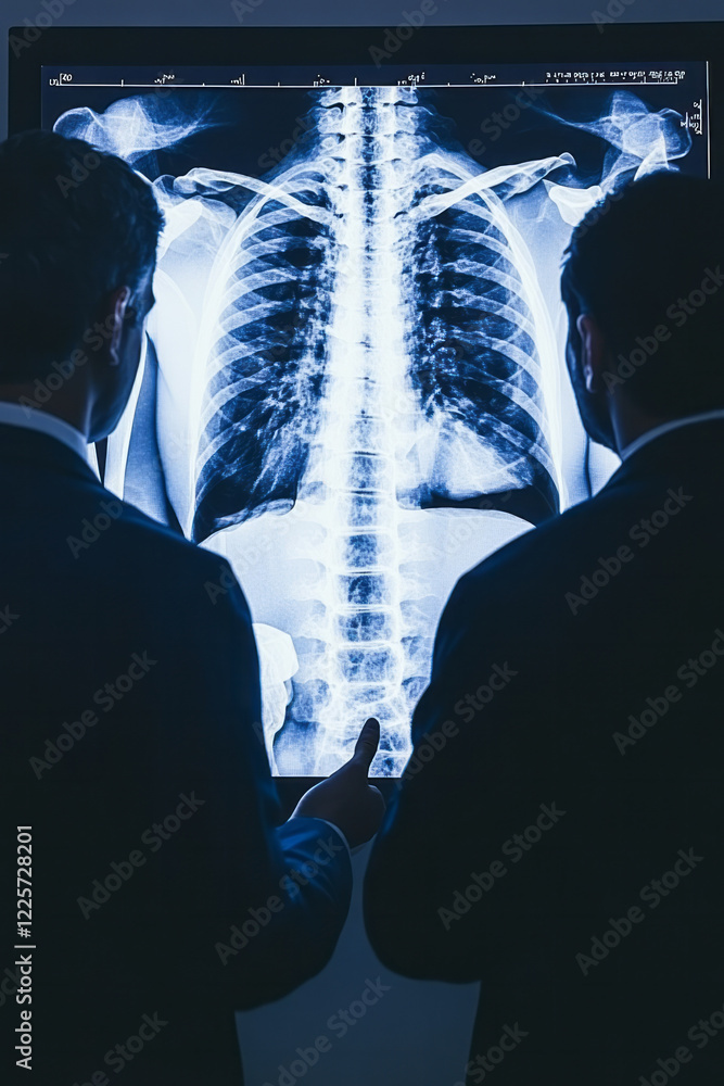 Poster three doctors of different specialties standing beside an illuminated x-ray panel, actively debating