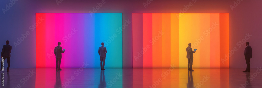 Poster a pair of executives reviewing contract proposals in a brightly lit corridor, each holding a sleek t