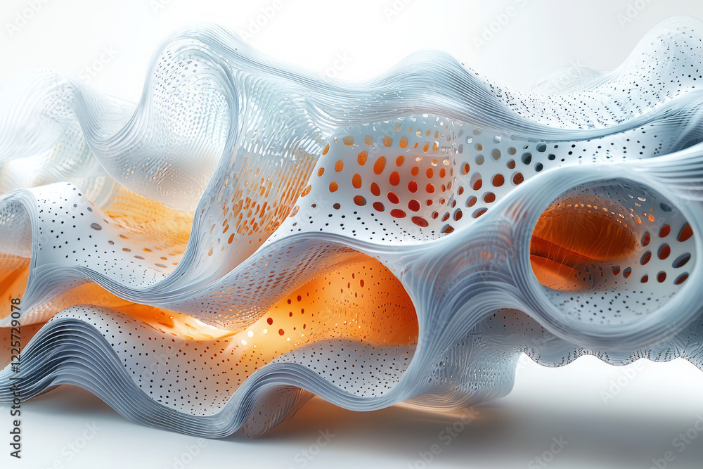 Poster a conceptual illustration of breathable fabric layers with perforations and arrows indicating airflo