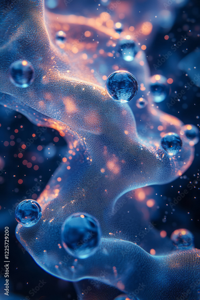 Leinwandbilder a 3d visualization of multilayered fabric with water droplets passing through semi-transparent mesh 