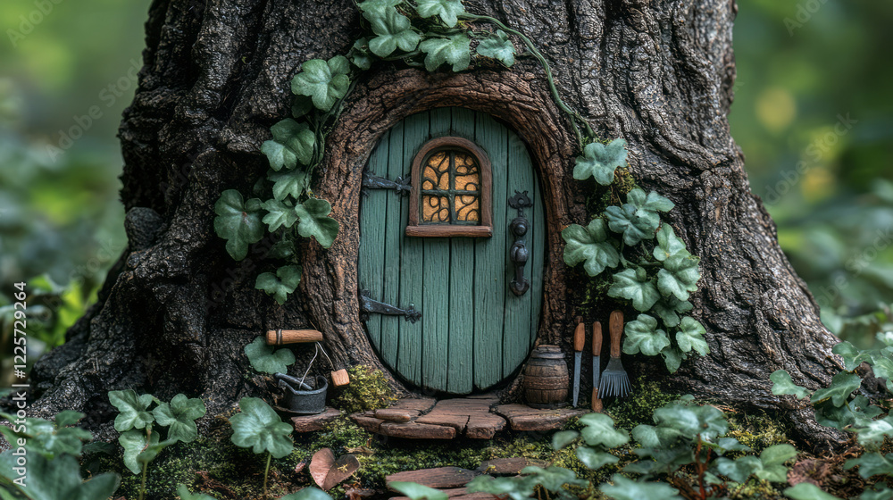 Poster a whimsical miniature door painted light green, built into the base of a large tree trunk, surrounde