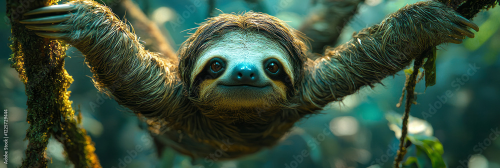 Poster A slow-moving sloth hanging upside down from a tree branch, surrounded by moss-covered trunks and tropical vines,