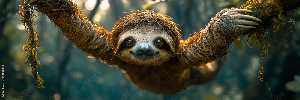 Poster A slow-moving sloth hanging upside down from a tree branch, surrounded by moss-covered trunks and tropical vines,