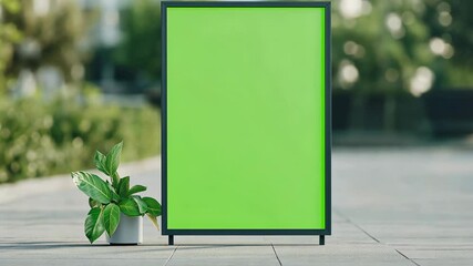 Empty Green Screen Billboard with Potted Plant on Urban Sidewalk in Sunny Day Ideal for Advertising Mockup and Design Background with Space for Text