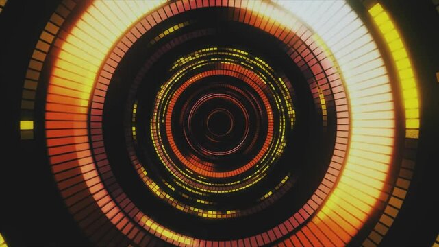 Sci-fi tunnel transformer with neon lights. 4k abstract high-tech tunnel. Camera rotates through tunnel. Background in the style of cyberpunk or high-tech future. Orange and yellow.