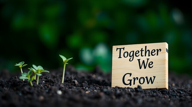 High-resolution stock photo A small wooden sign reading Together We Grow in black ink rests on dark soil, right-aligned.  Green seedlings sprout left.  
