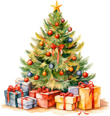 New Year's decorated Christmas tree with presents, New Year's illustration , watercolour