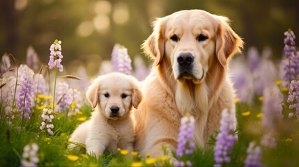 Dog Mom and Puppy on a Spring Walk Among Beautiful Flowers - Golden Retriever Portrait