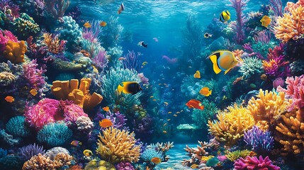 Fototapeta premium A vibrant coral reef with a sea turtle gliding gracefully among the corals