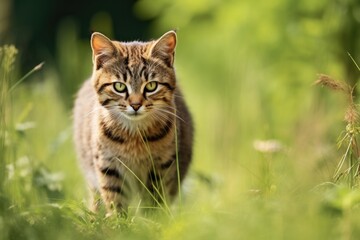 Obraz premium European Wildcat Felis Silvestris Looking Behind Over Shoulder in Summer. Elegant Predator on Meadow with Green Copy Space in National Park of Romania, Europe