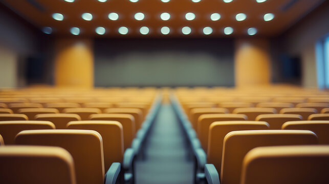 Empty blurred conference hall with rows of chairs and stage, professional corporate event space concept for business meetings, seminars, educational lectures, and formal presentations