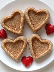 Four heart shaped pancakes with fresh strawberries on a plain white plate