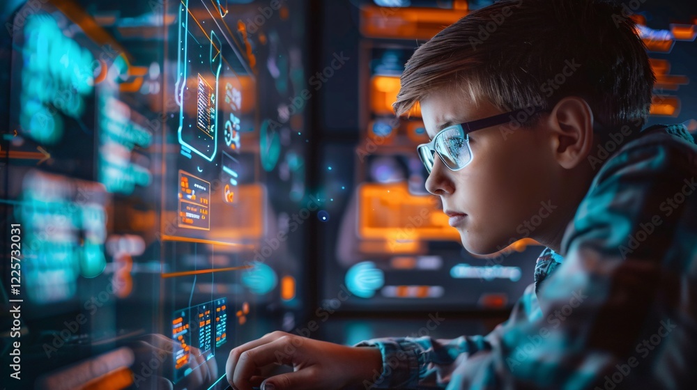 Fototapete Young coder developing source code on an advanced computer interface