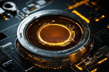 Round scanner against digital interface with data processing on black background. computer interface and hi tech, mechanical technology concept