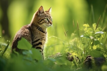 Felis Silvestris: European Wildcat Looking Behind over Shoulder in Summer Meadow with Copy Space. Elegant Predator Mammal in Romanian National Park
