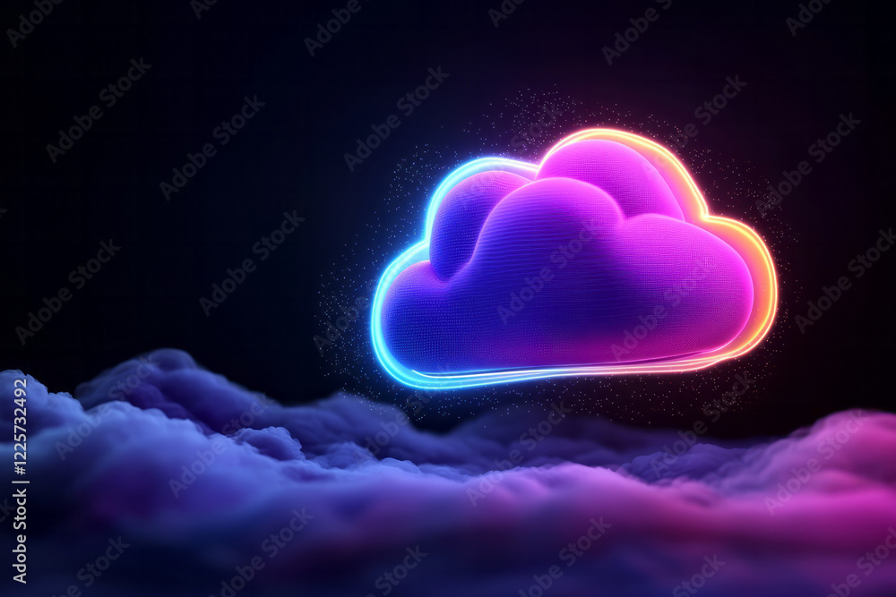 Poster a 3d abstract depiction of a cloud server surrounded by colorful nebula dust, with soft light rays a