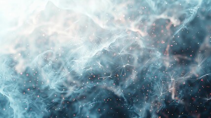 A blue and white background with a lot of red and orange dots