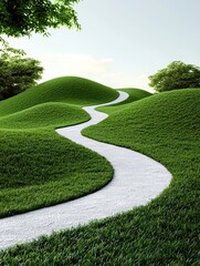 Fototapeta premium Winding white path through lush green hills in a serene, natural setting