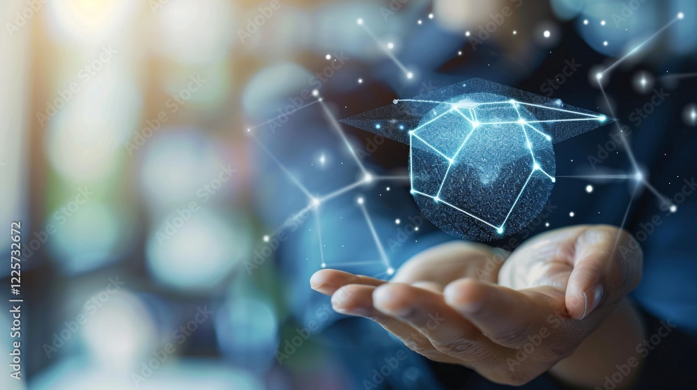 Aufkleber businessman presenting a global network and data exchange hologram on a blurred background